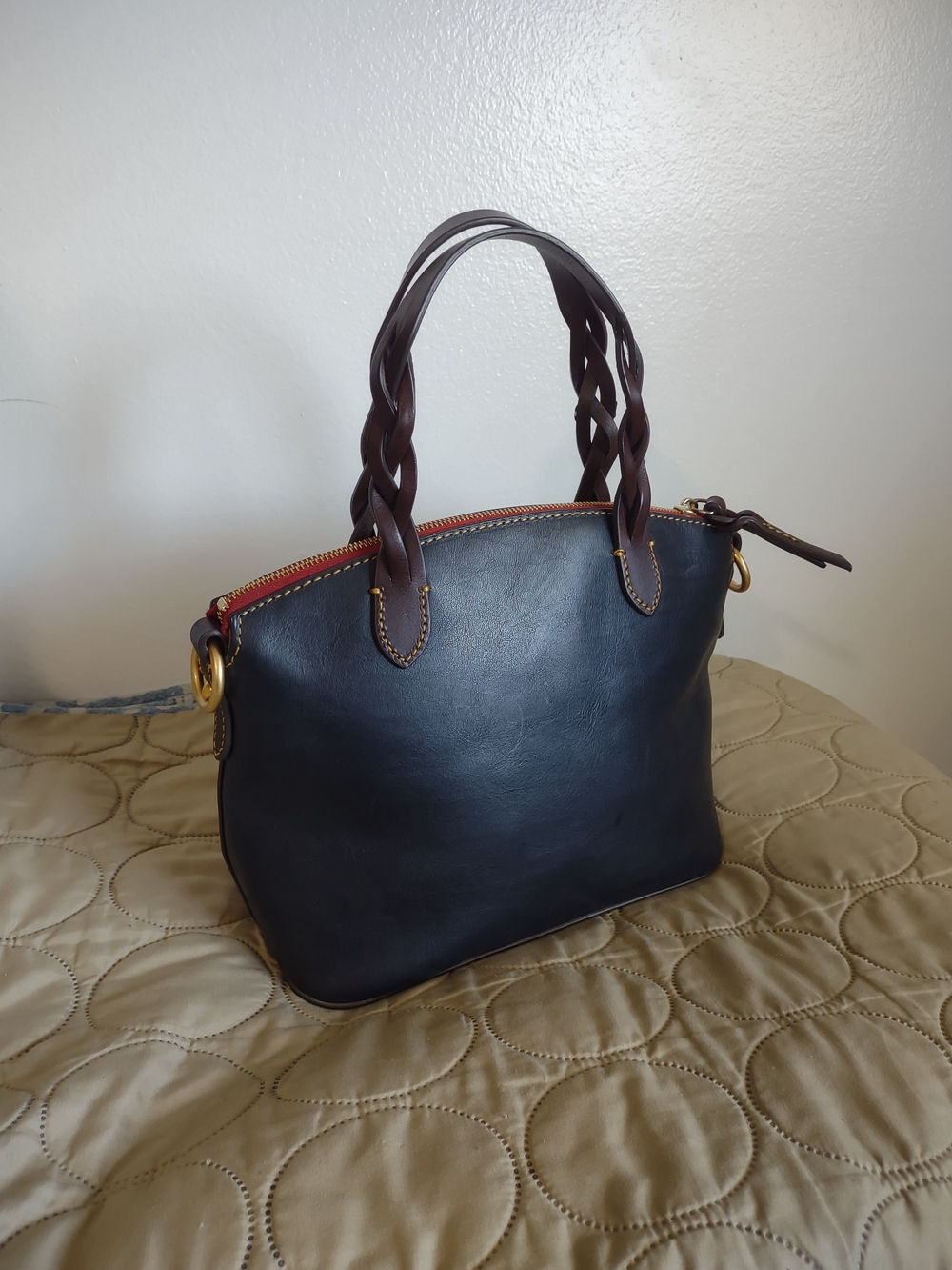 Dooney & Bourke Small Heidi Satchel Navy Leather Braided Handle Zip Tote - Picture 6 of 8